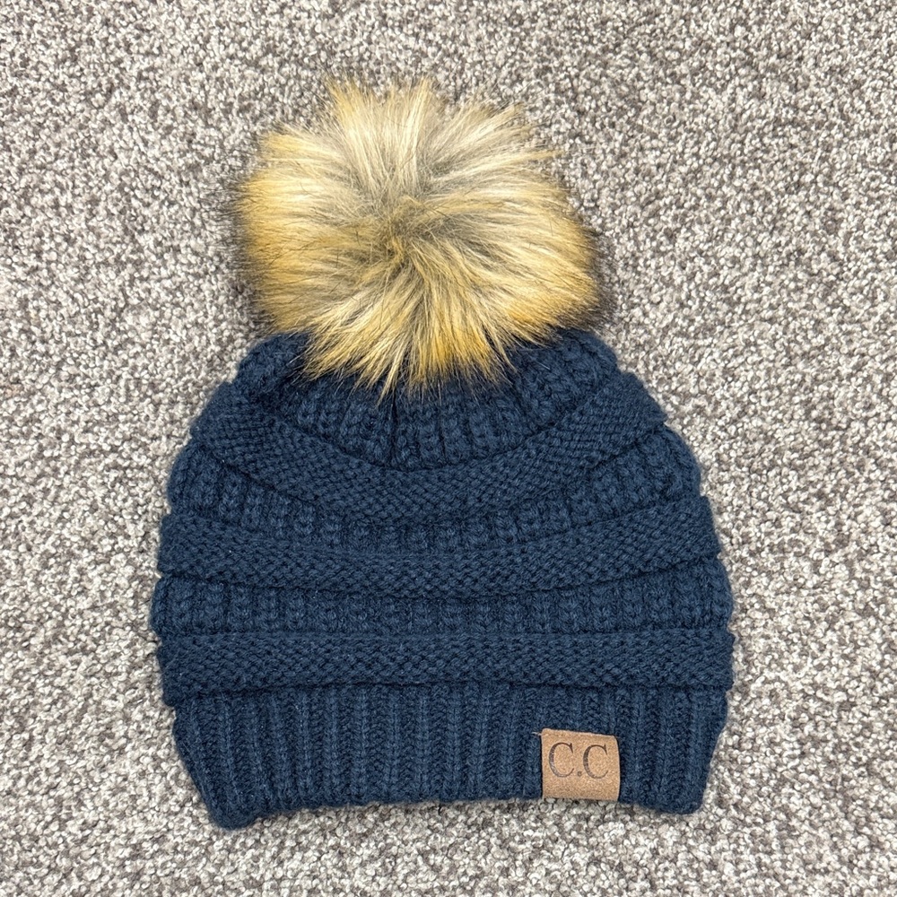 C.C Navy Beanie with Faux Fur Pom
